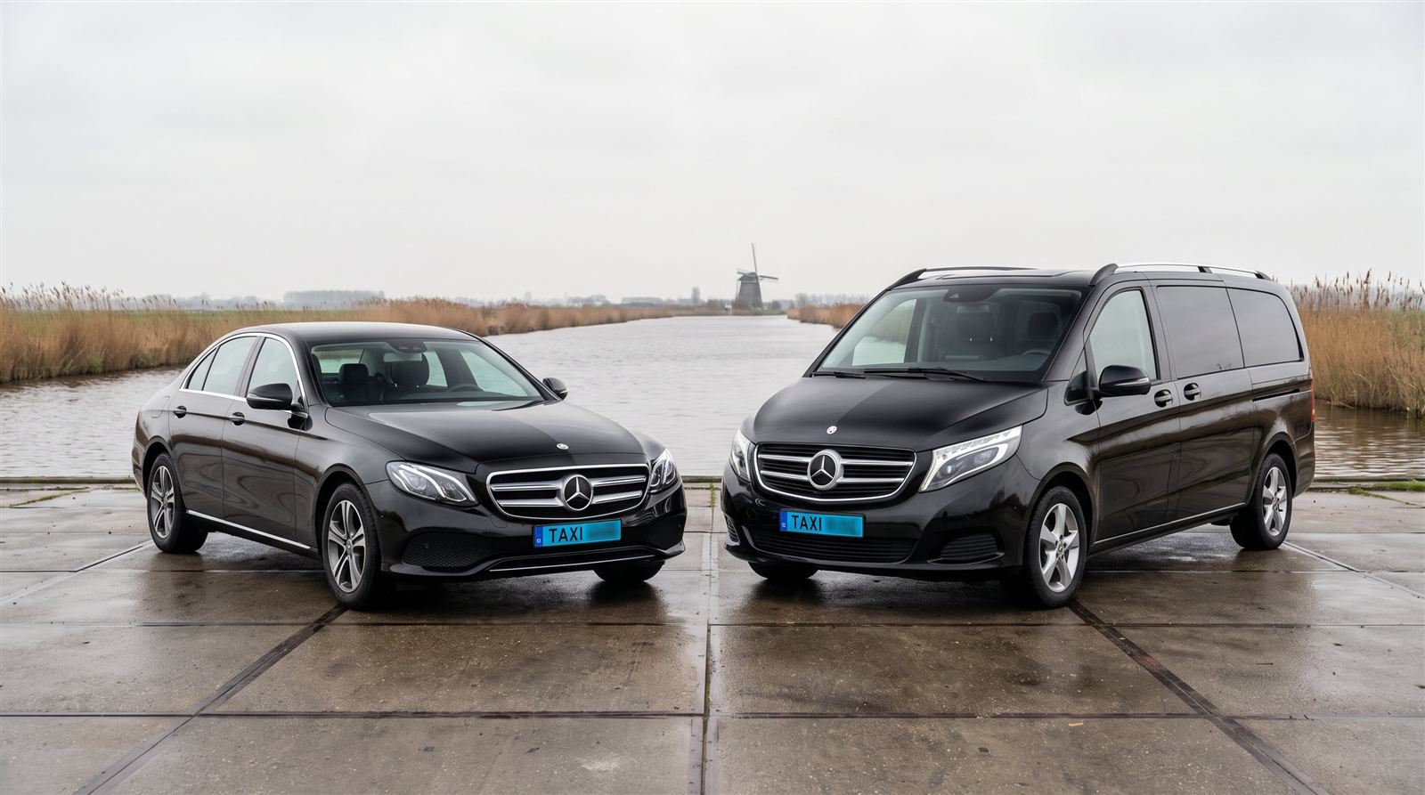 Mercedes E-Klasse en V-Klasse van Taxi Le Noir naast elkaar