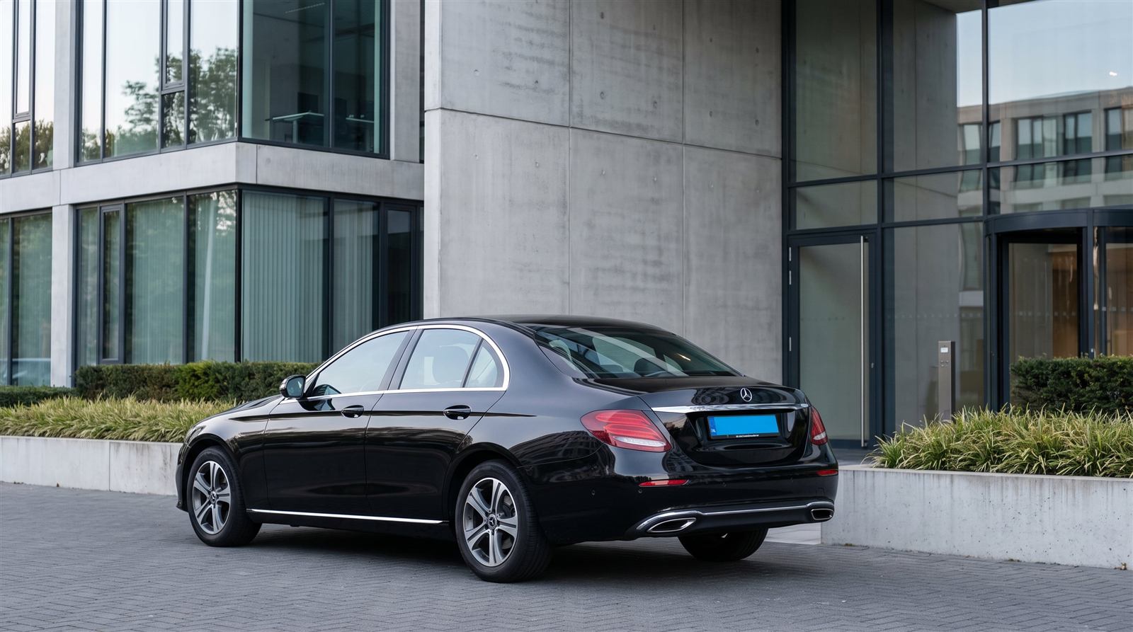 Mercedes E-Klasse van Taxi Le Noir voor een kantoorpand